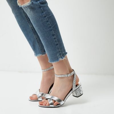 Silver metallic jewel block heel sandals